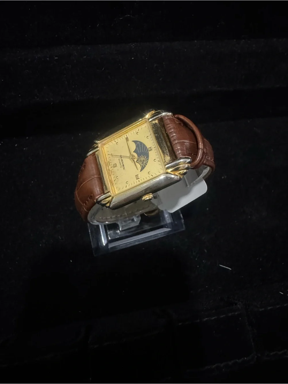 Quemex Square Gold-Tone Sun & Moon Dial Leather Strap Watch